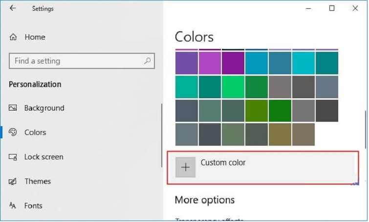 Chọn vào phần Custom color