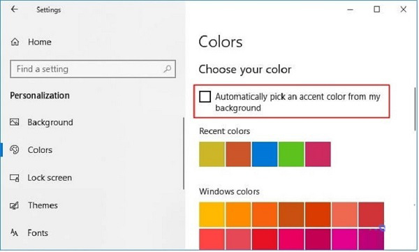 Tùy chọn mục Automatically pick an accent color from my background