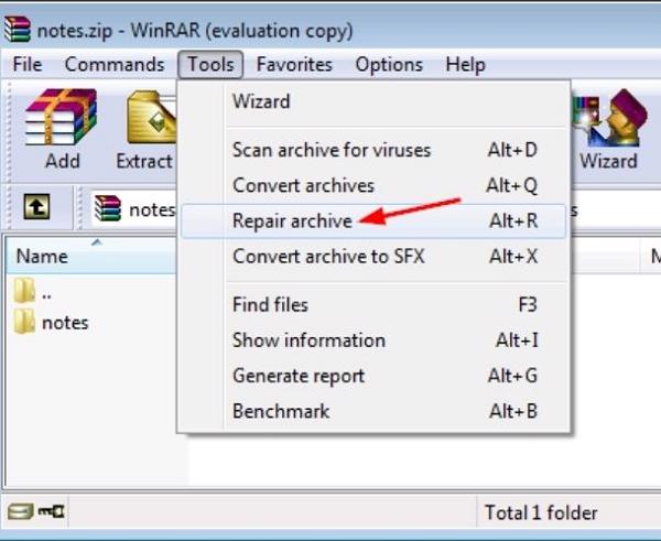 Chọn nút lệnh Repair archive