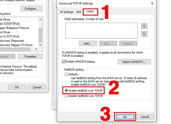 WINS -> Enable NetBIOS over TCP/IP -> OK