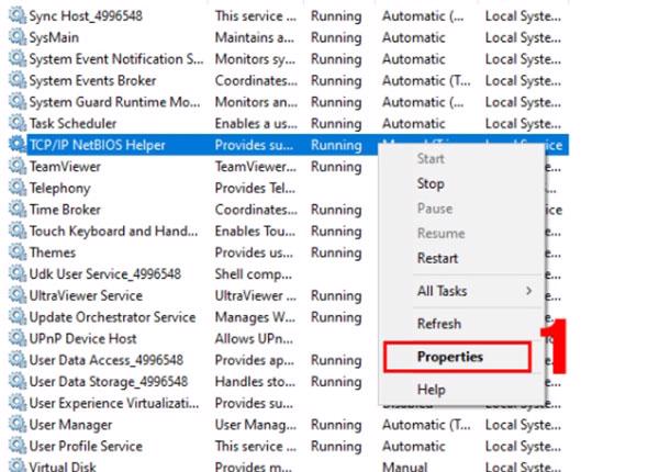 Nhấn chuột phải ở TCP/IP NetBios Helper -> chọn tiếp vào Properties