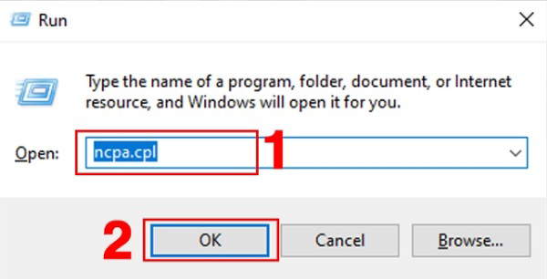 Windows + R để mở hộp thoại Run -> nhập lệnh ncpa.cpl -> OK hoặc nhấn Enter.