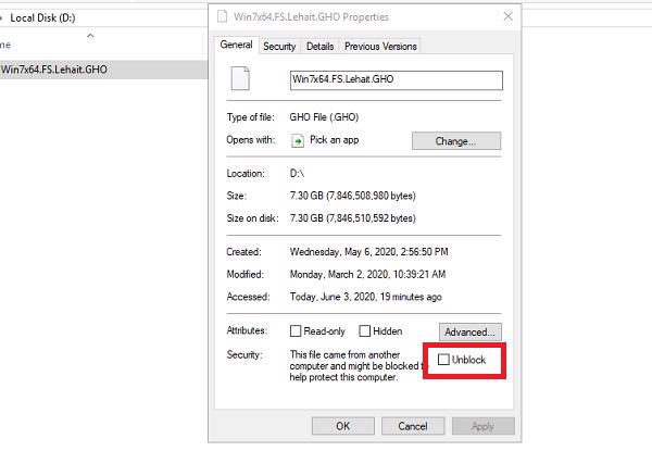 Tích chọn vào ô Unblock như hình ở dưới