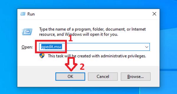 Nhập vào lệnh gpedit.msc và nhấn vào Enter hoặc OK