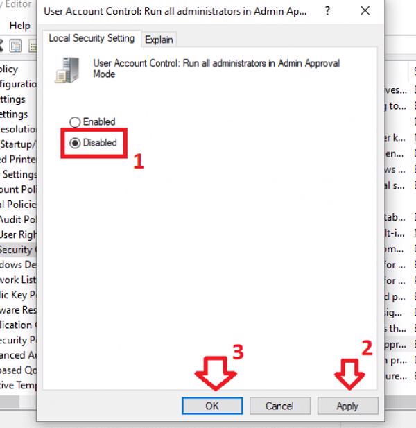 Chọn vào Disable -> nhấn tiếp vào Apply và OK