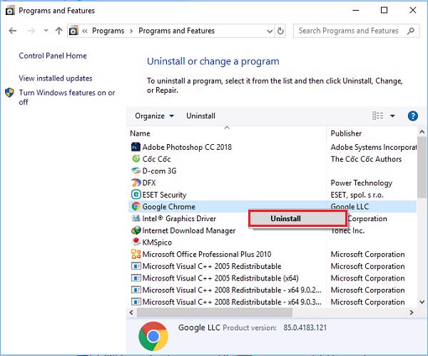 Chọn chuột phải lên phần mềm Google Chrome và chọn tiếp Uninstall để thực hiện gỡ cài đặt