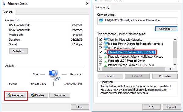 Properties -> Internet Protocol Version 4 (TCP/IPv4)