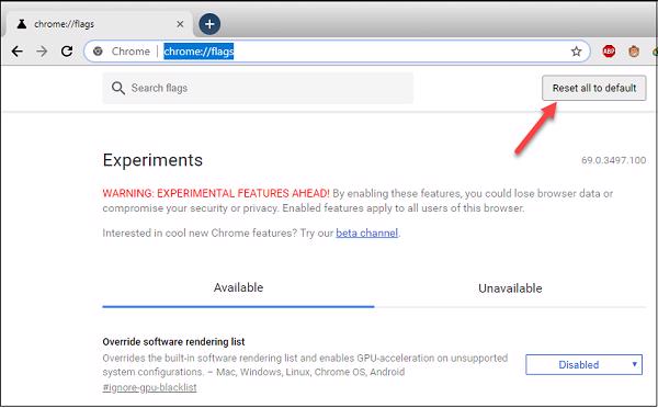 chrome://flags/ -> Enter -> Reset all to default