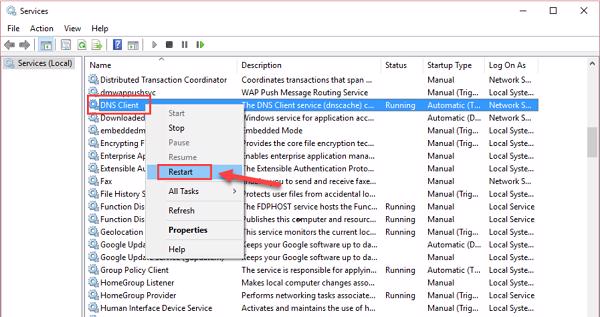 Tiếp đến chuột phải lên và cuối cùng chọn vào Restart để khởi động lại DNS Client