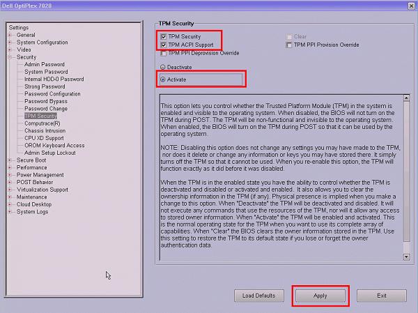 Thiết lập trạng thái TPM sang thành Activate