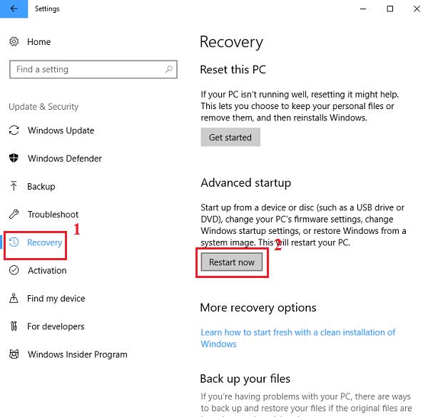 Ở mục Advanced Startup các bạn chọn vào Restart Now