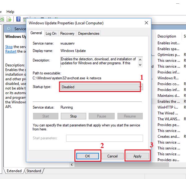 Chọn Disabled và nhấn vào nút Apply -> OK