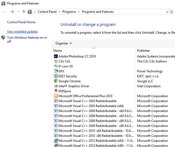 Nhấn chọn vào View installed updates để có thể mở danh sách các bản đã cập nhật