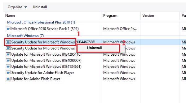 Nhấn vào nút Uninstall để xóa các bản cập nhật đã chọn