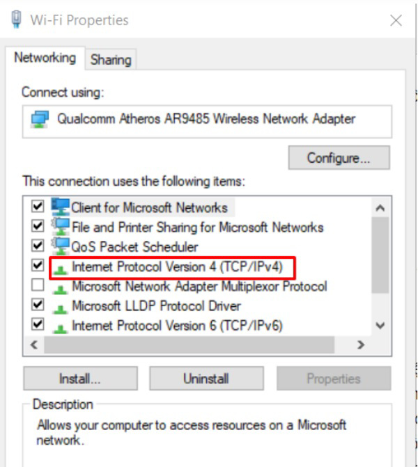 Kích đúp vào mục Internet Protocol Version 4(TCP/IPv4) và nhấp tiếp vào Properties