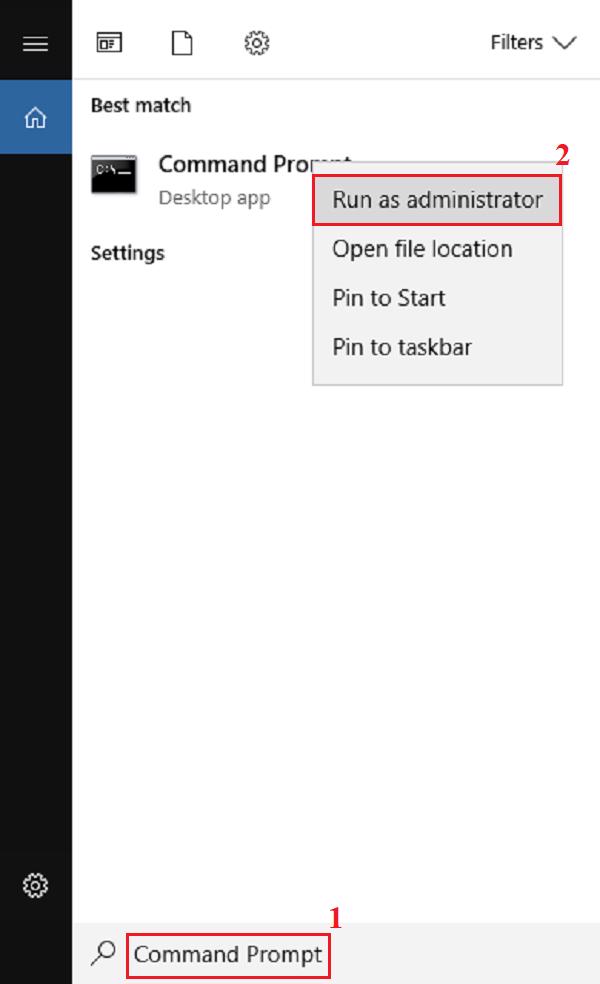 Nhấn chuột phải vào mục Command Prompt trong Menu Start và sau đó chọn vào Run as adminitrator