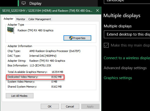 Tại đây các bạn có thể kiểm tra dung lượng Vram ở mục Dedicated Video Memory