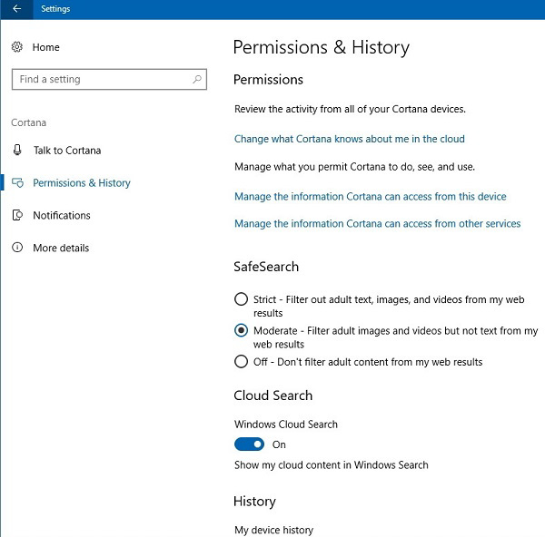 Phần Cortana mới có bốn tùy chọn