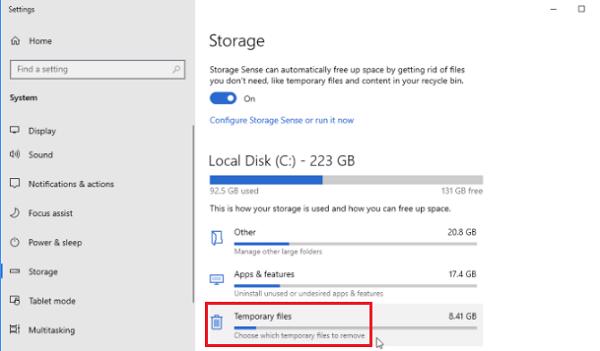 Nhấn vào Temporary Files