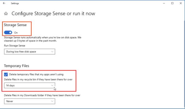 Di chuyển đến mục Delete temporary files that my apps aren’t using và chọn vào thời gian mà các bạn muốn xóa chúng