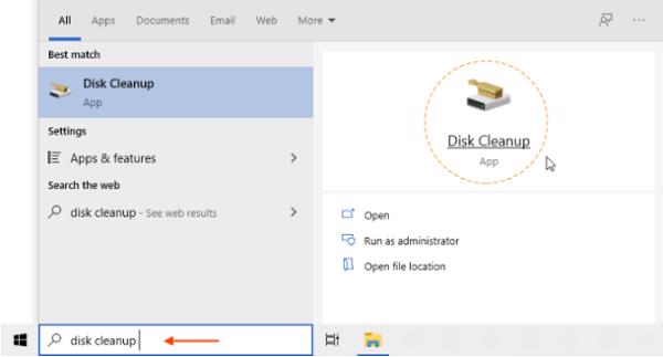 Nhập từ khóa Disk Cleanup vào thanh tìm kiếm trên Menu Start