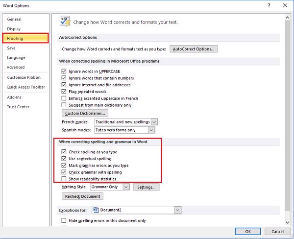 Chọn vào mục Proofing