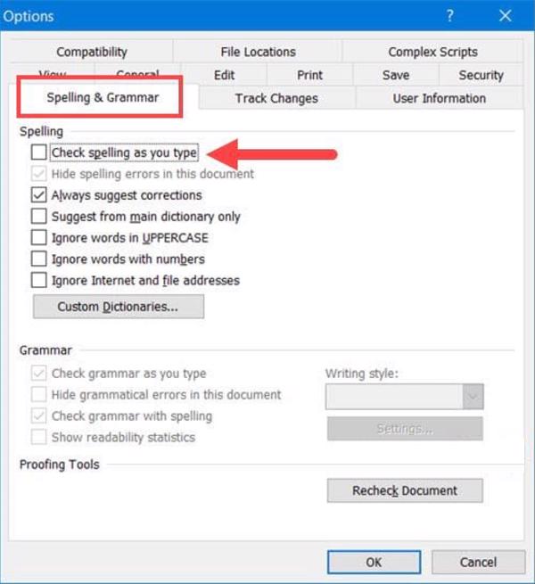 Tìm mục Spelling & Grammar và tích bỏ vào dòng Check spelling as you type