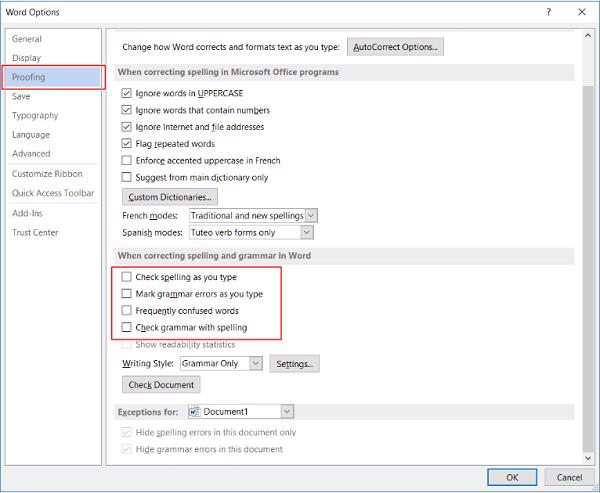 Chọn vào mục Proofing