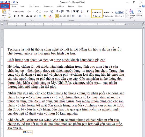 Chọn vào mục File trên thanh menu