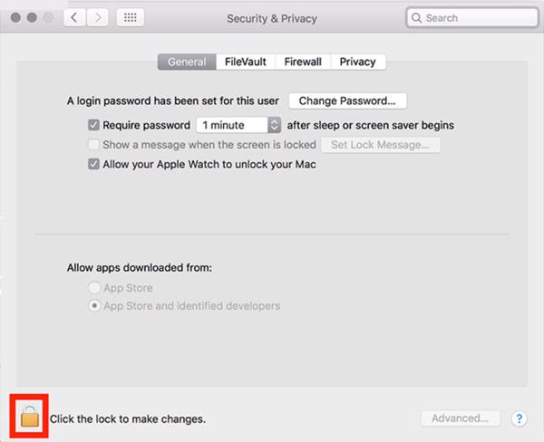 Nhấp vào biểu tượng ổ khóa ở phía dưới bên trái màn hình