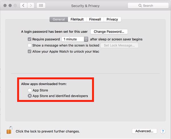Thay đổi từ ô Allow apps downloaded from sang ô App Store and identified developers