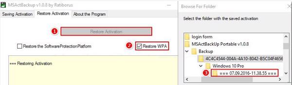 Restore Activation -> Restore WPA -> chọn thư mục sao lưu -> cuối cùng OK