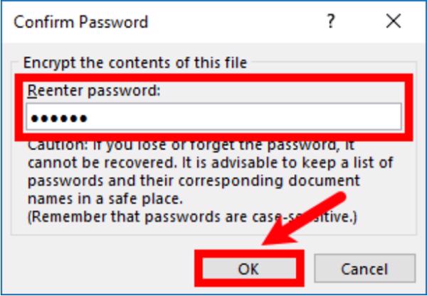 Nhập lại mật khẩu mà mình đã đặt trước đó vào ô phía dưới Reenter password và sau đó nhấn OK