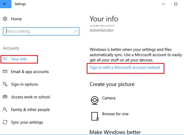 Account -> Your info -> chọn vào Sign in with Microsoft account instead