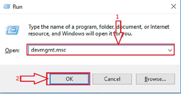 Nhấn vào tổ hợp phím Windows + R -> nhập lệnh devmgmt.msc -> OK