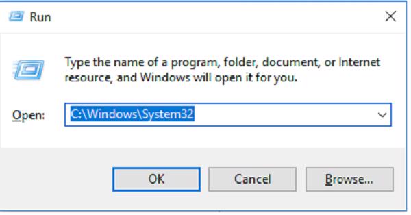 Nhập lệnh C:WindowsSystem32 trong công cụ Run