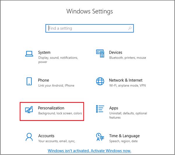 Nhấn vào tổ hợp phím Windows + I -> Settings -> Personalization