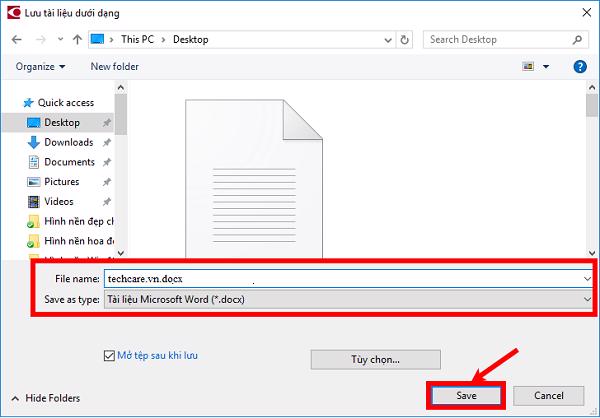 Chọn vào vị trí lưu file, đặt tên file và cuối cùng chọn vào Save để có thể lưu file docx sau khi chuyển từ file scan