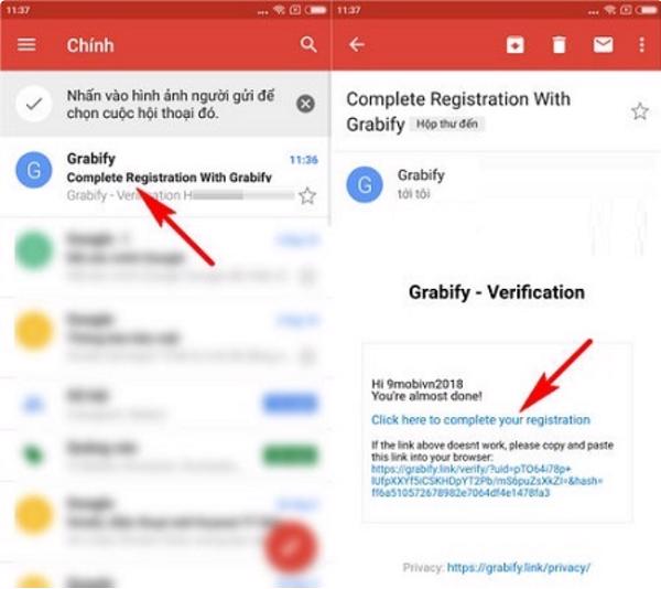 Vào Email nhấn chọn thư được gửi từ Grabify