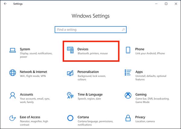 Windows + I để mở Settings -> chọn vào Devices