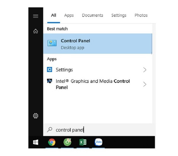 Mở Control Panel bằng cách mở Cortana rồi sau đó nhập Control Panel vào khu vực tìm kiếm