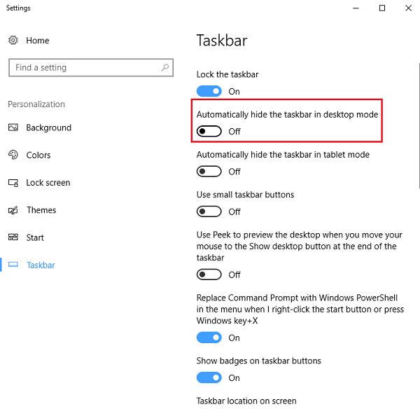 Chọn vào mục Automatically hide the taskbar in desktop mode