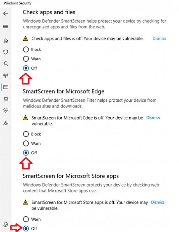 Chọn vào Off dưới phần Check Apps and Files, SmartScreen for Microsoft Store Apps và SmartScreen for Microsoft Edge