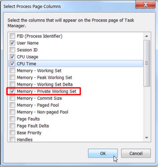 Lựa chọn tab Processes và nhấn vào mục Memory (Private Working set) để sắp xếp lại những tiến trình