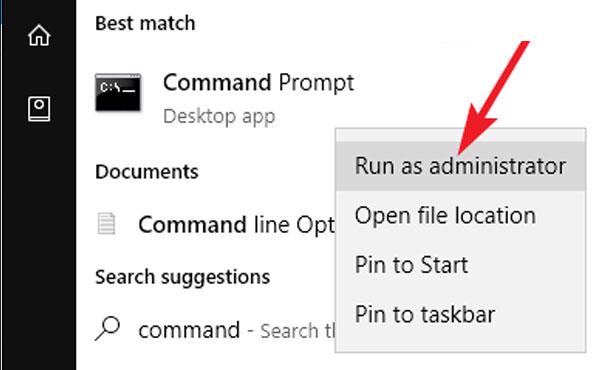 Click chuột phải vào Command Prompt -> chọn tiếp vào Run as Administrator